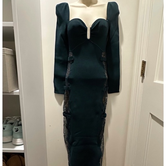 SELF PORTRAIT LACE INSERT KNIT RIBBED DRESS GREEN - Picture 1 of 5